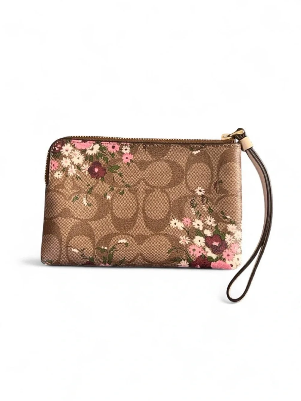 Coach Floral Logo Print Wristlet Wallet Coated Canvas Leather Gold Hardware